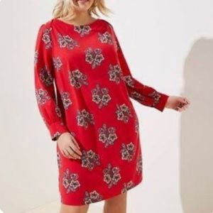 Loft Red Paisley Long Sleeve Shift Dress